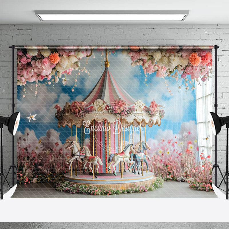 Aperturee - Merry Go Round Pink Floral Blue Sky Cloud Backdrop