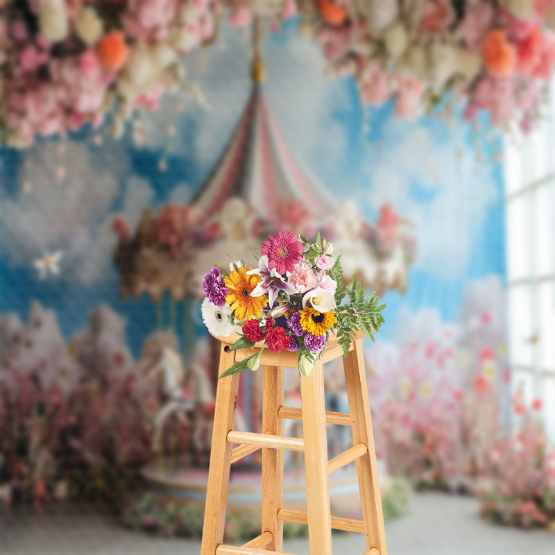 Aperturee - Merry Go Round Pink Floral Blue Sky Cloud Backdrop