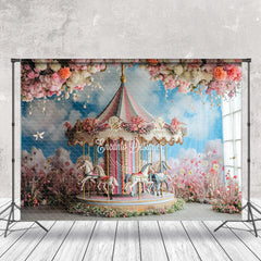 Aperturee - Merry Go Round Pink Floral Blue Sky Cloud Backdrop