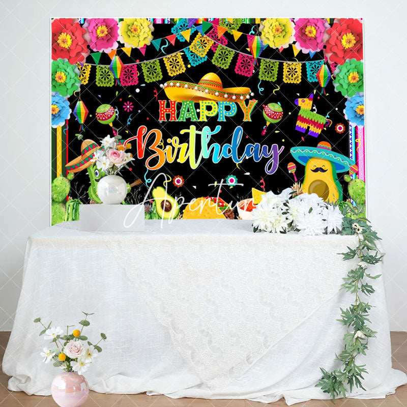 Aperturee - Mexican Fiesta Colorful Floral Cact Birthday Backdrop