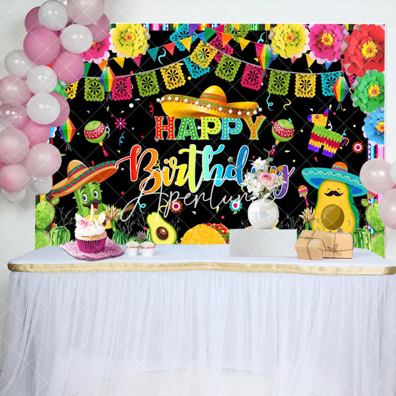 Aperturee - Mexican Fiesta Colorful Floral Cact Birthday Backdrop