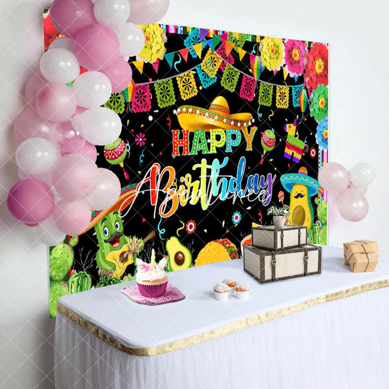 Aperturee - Mexican Fiesta Colorful Floral Cact Birthday Backdrop