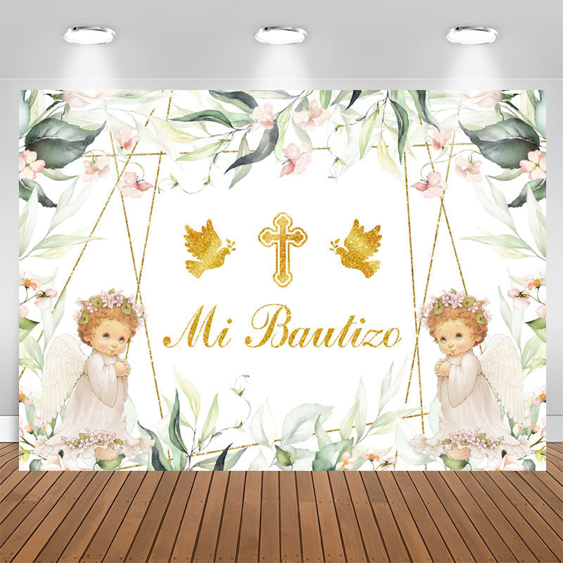 Aperturee - Mi Bautizo Angels Green Plants Baptism Backdrop