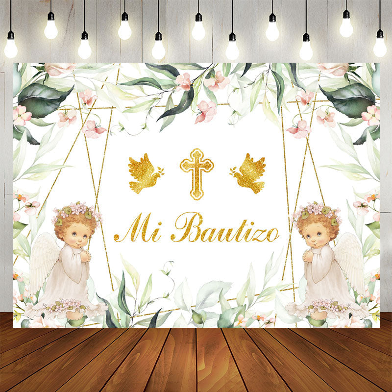 Aperturee - Mi Bautizo Angels Green Plants Baptism Backdrop