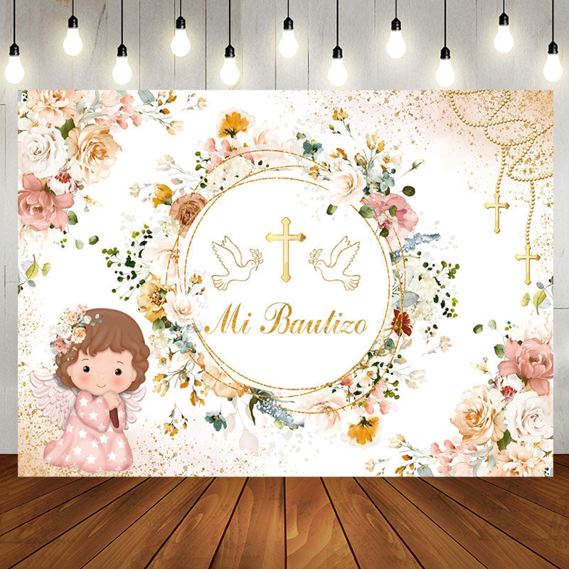 Aperturee - Mi Bautizo Circle Flowers Girl Baptism Backdrop