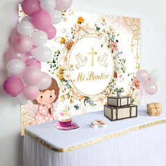 Aperturee - Mi Bautizo Circle Flowers Girl Baptism Backdrop