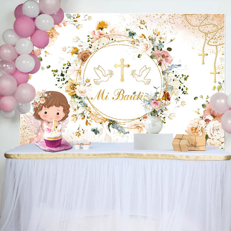 Aperturee - Mi Bautizo Circle Flowers Girl Baptism Backdrop