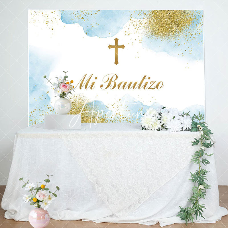 Aperturee - Mi Bautizo Cross Cloud Glitter Boho Baptism Backdrop