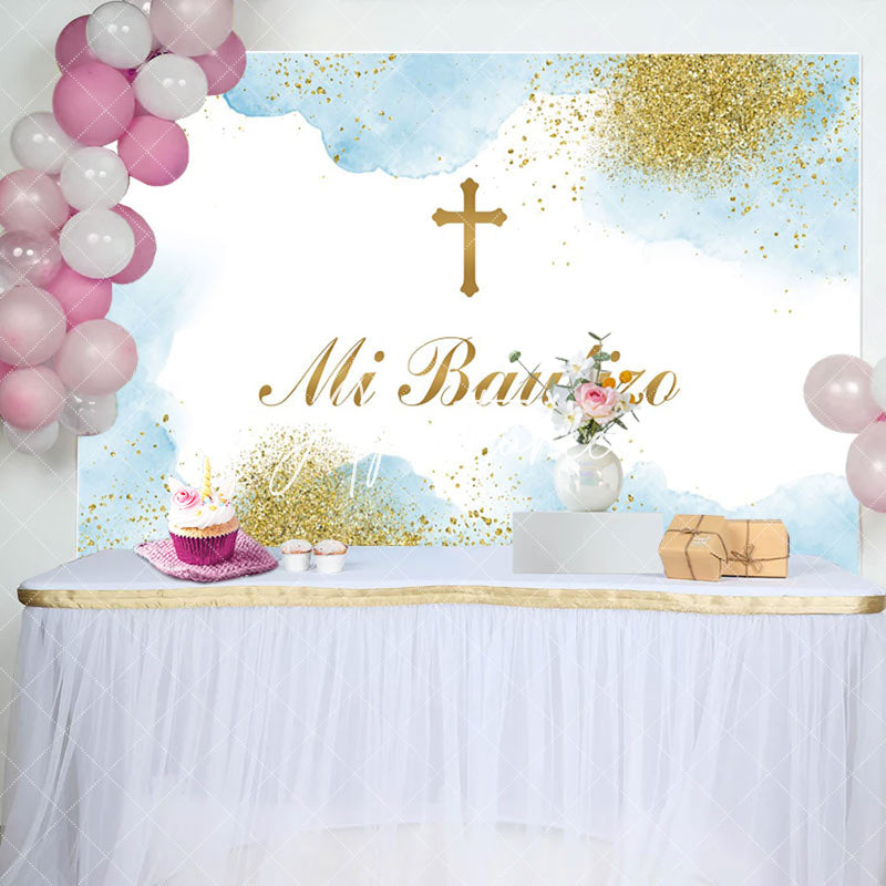 Aperturee - Mi Bautizo Cross Cloud Glitter Boho Baptism Backdrop