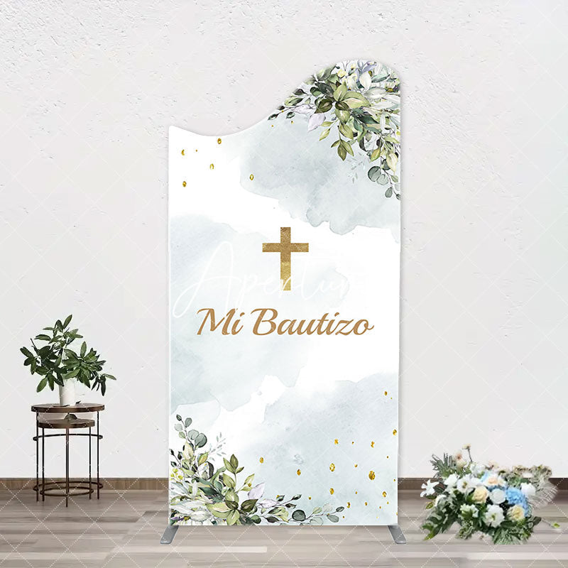 Aperturee - Mi Bautizo Gold Cross Leaves Arch Baptism Backdrop