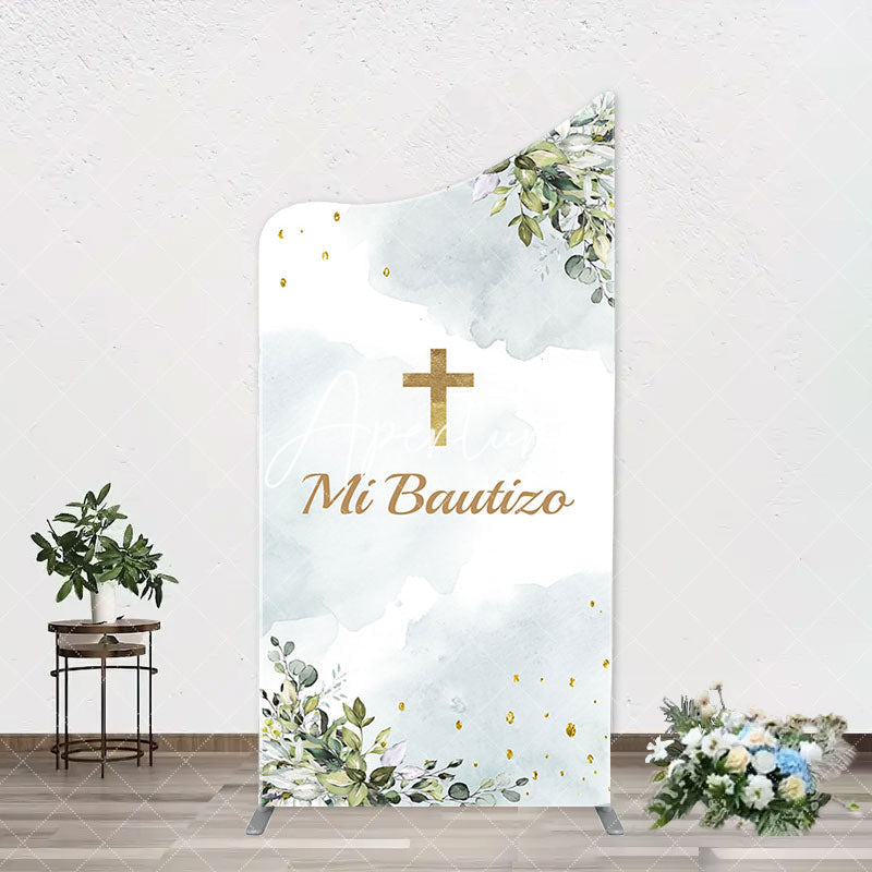 Aperturee - Mi Bautizo Gold Cross Leaves Arch Baptism Backdrop