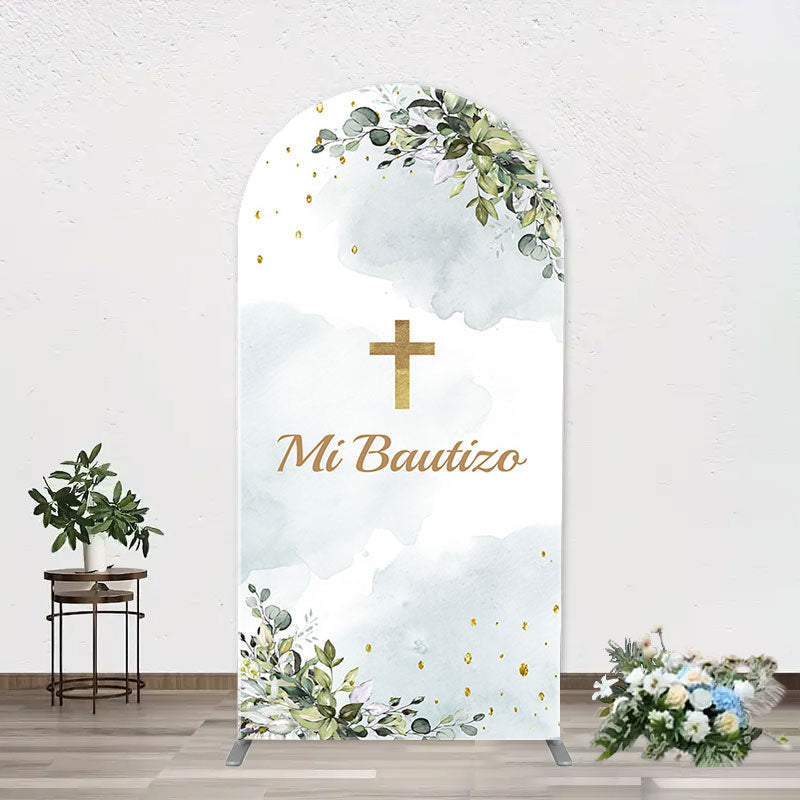 Aperturee - Mi Bautizo Gold Cross Leaves Arch Baptism Backdrop