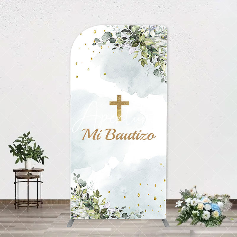 Aperturee - Mi Bautizo Gold Cross Leaves Arch Baptism Backdrop