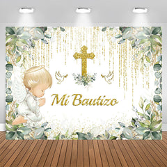 Aperturee - Mi Bautizo Green Plants Glitter Baptism Backdrop