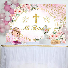 Aperturee - Mi Bautizo Pink Flowers Angle Pigeon Baptism Backdrop