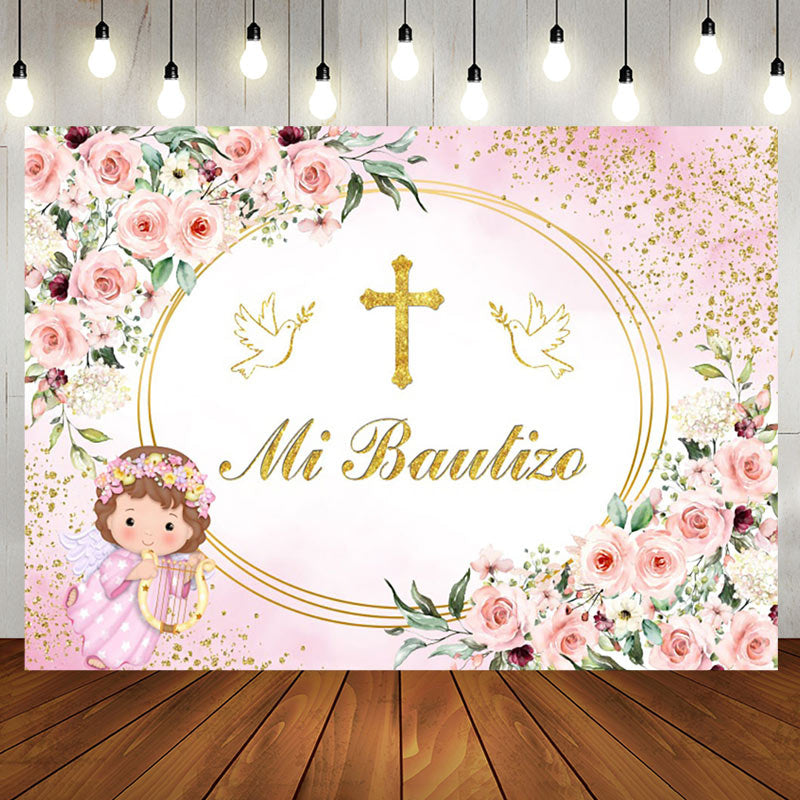 Aperturee - Mi Bautizo Pink Flowers Angle Pigeon Baptism Backdrop