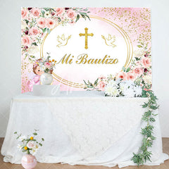 Aperturee - Mi Bautizo Pink Flowers Angle Pigeon Baptism Backdrop