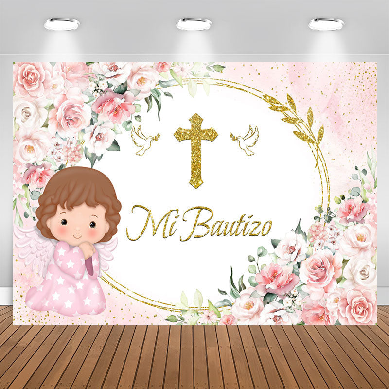 Aperturee - Mi Bautizo Pink Flowers Baby Girl Baptism Backdrop