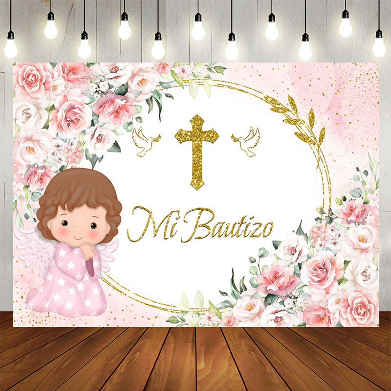 Aperturee - Mi Bautizo Pink Flowers Baby Girl Baptism Backdrop