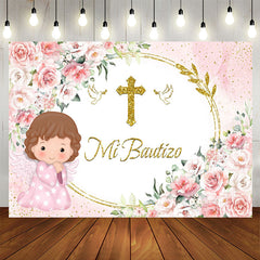 Aperturee - Mi Bautizo Pink Flowers Baby Girl Baptism Backdrop