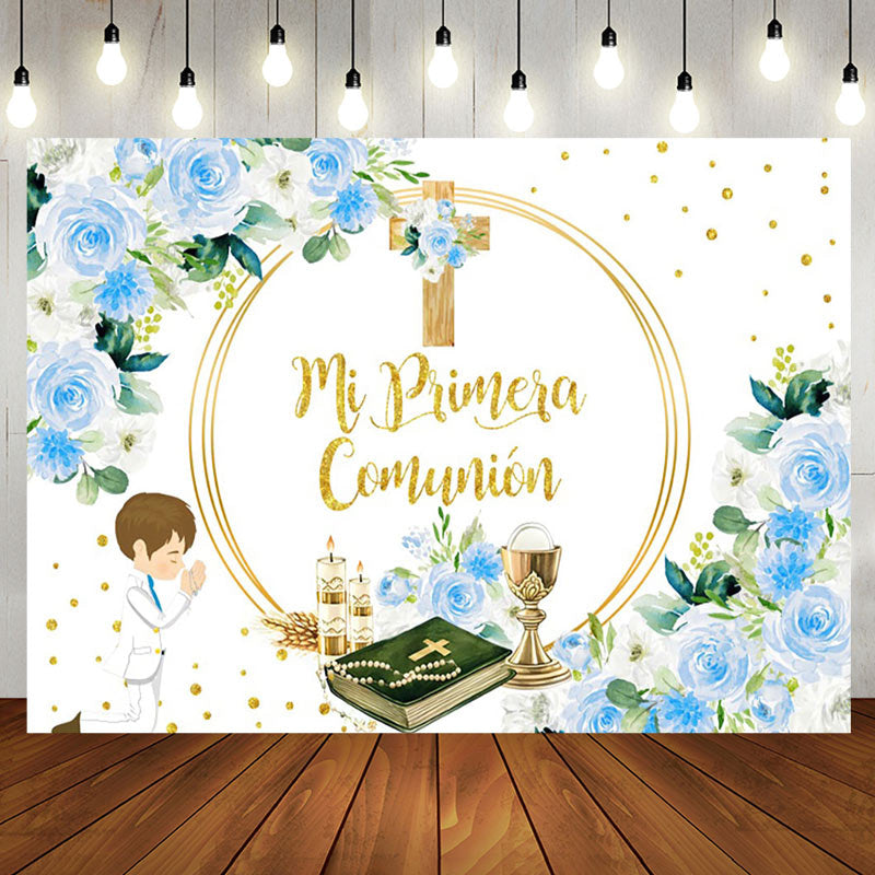 Aperturee - Mi Primera Comunion Cross Flowers Baptism Backdrop