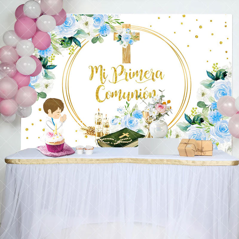 Aperturee - Mi Primera Comunion Cross Flowers Baptism Backdrop