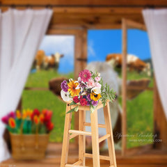 Aperturee - Milch Cow Brown Window Grass Spring Photo Backdrop