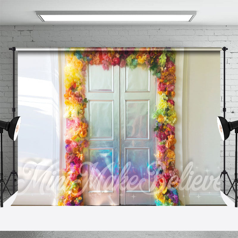 Aperturee - Mild Sunshine Floral Wood Door Photography Backdrop