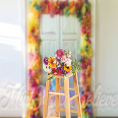 Aperturee - Mild Sunshine Floral Wood Door Photography Backdrop