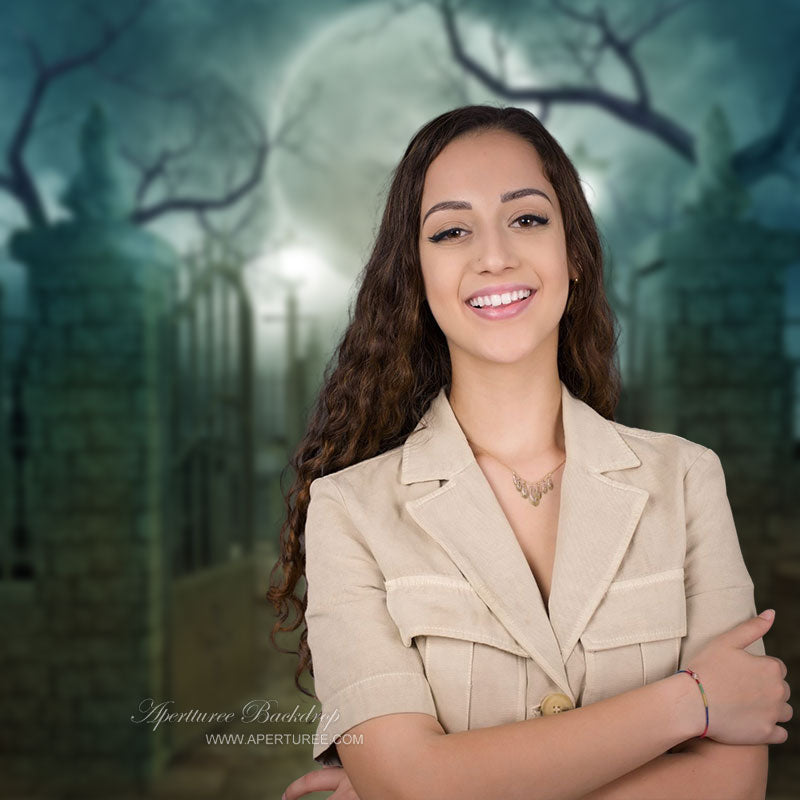 Aperturee - Misty Creepy Forest Full Moon Halloween Backdrop