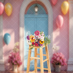 Aperturee - Modern Balloon Floral Blue Pink Door Photo Backdrop