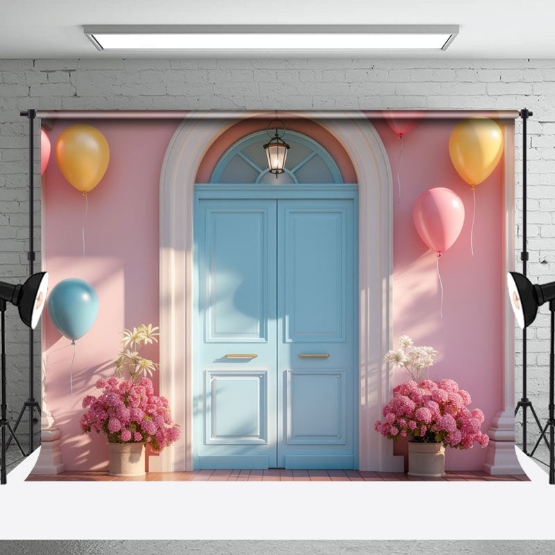 Aperturee - Modern Balloon Floral Blue Pink Door Photo Backdrop