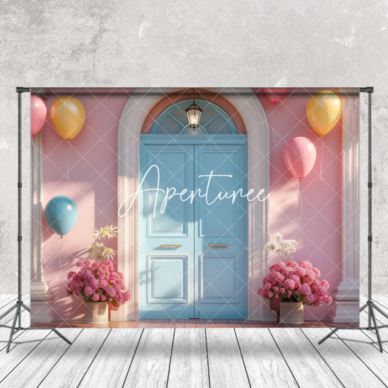 Aperturee - Modern Balloon Floral Blue Pink Door Photo Backdrop