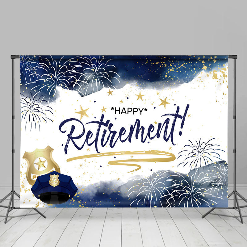 Aperturee - Modern Dark Blue Gold Happy Retirement Party Backdrop