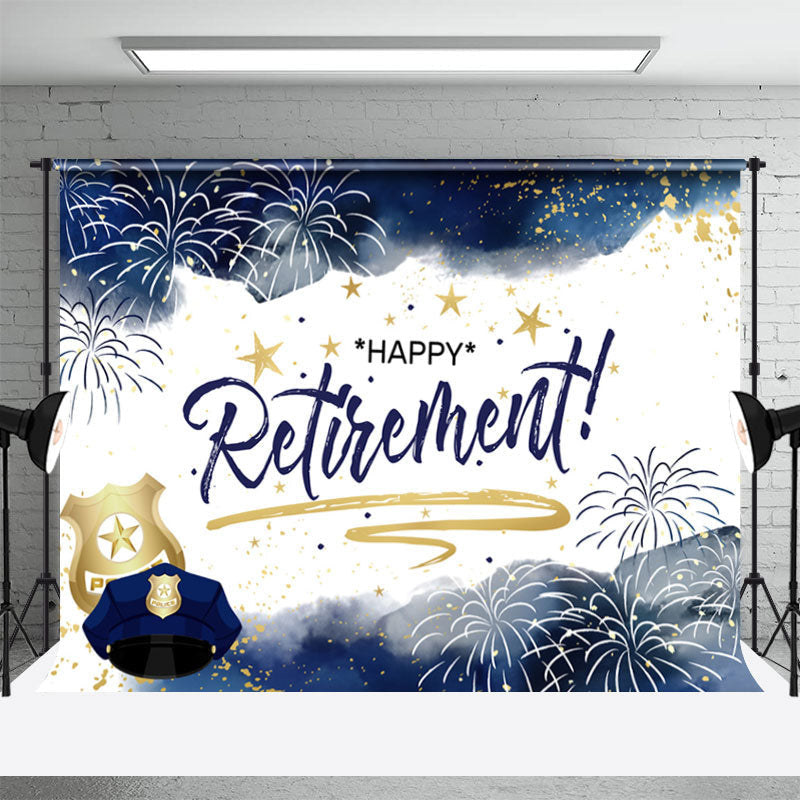 Aperturee - Modern Dark Blue Gold Happy Retirement Party Backdrop