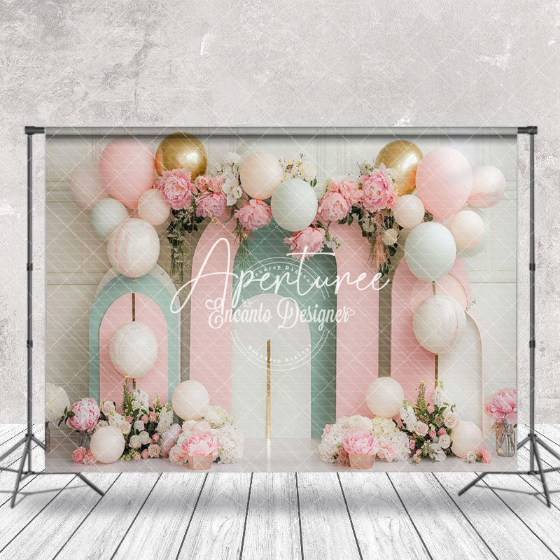 Aperturee - Modern Pink Green Arch Balloons Cake Smash Backdrop