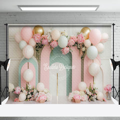 Aperturee - Modern Pink Green Arch Balloons Cake Smash Backdrop