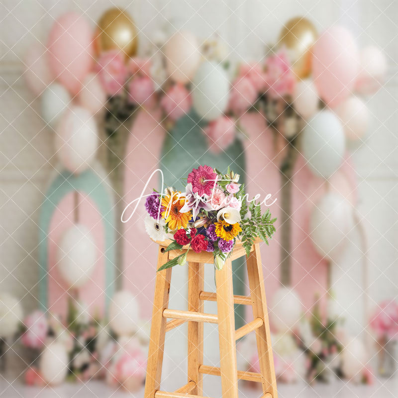 Aperturee - Modern Pink Green Arch Balloons Cake Smash Backdrop