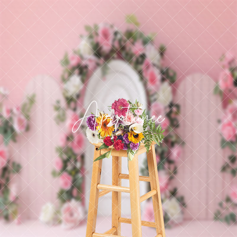 Aperturee - Modern Pink White Arch Door Floral Wedding Backdrop