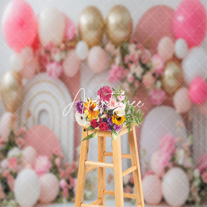 Aperturee - Modern White Pink Arch Balloons Cake Smash Backdrop