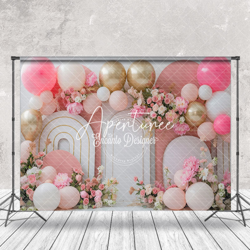 Aperturee - Modern White Pink Arch Balloons Cake Smash Backdrop