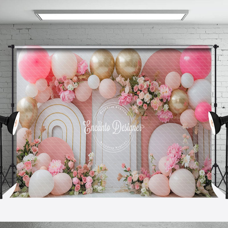 Aperturee - Modern White Pink Arch Balloons Cake Smash Backdrop