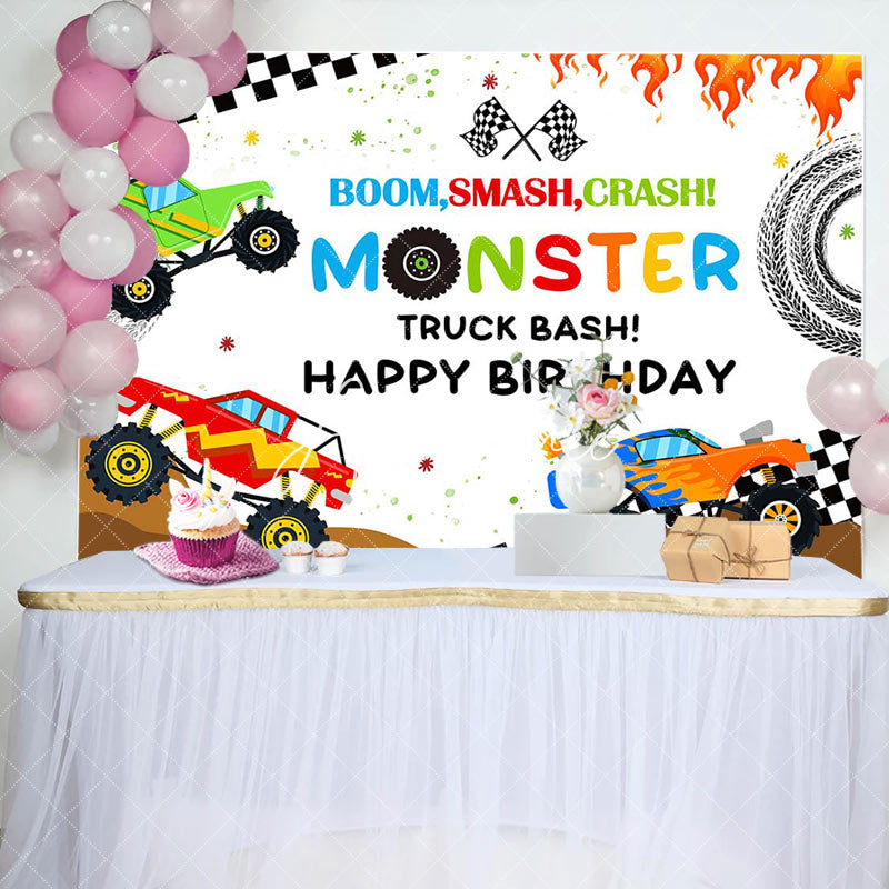 Aperturee - Monster Colorful Trucks Birthday Backdrop For Boys