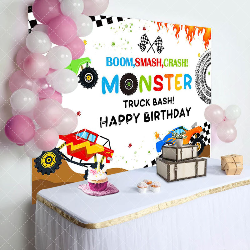 Aperturee - Monster Colorful Trucks Birthday Backdrop For Boys