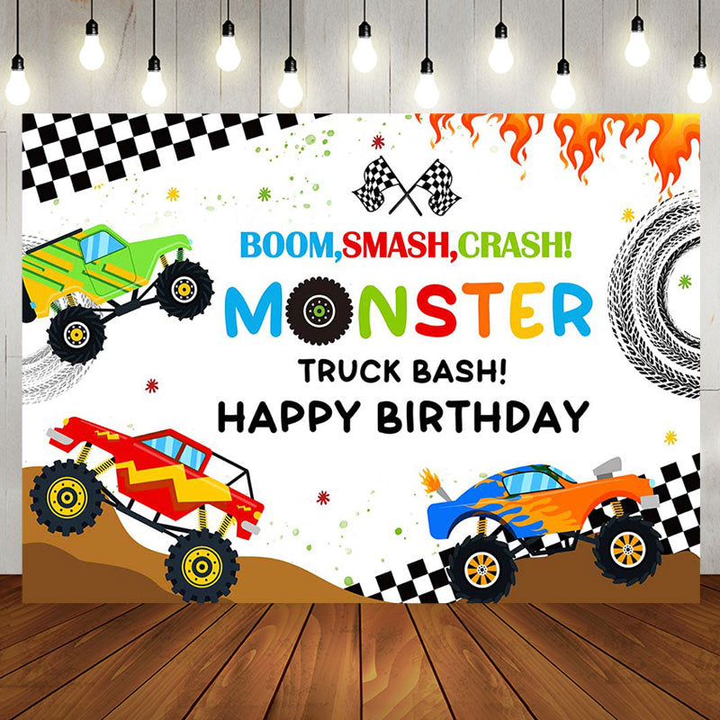 Aperturee - Monster Colorful Trucks Birthday Backdrop For Boys