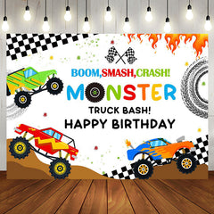 Aperturee - Monster Colorful Trucks Birthday Backdrop For Boys