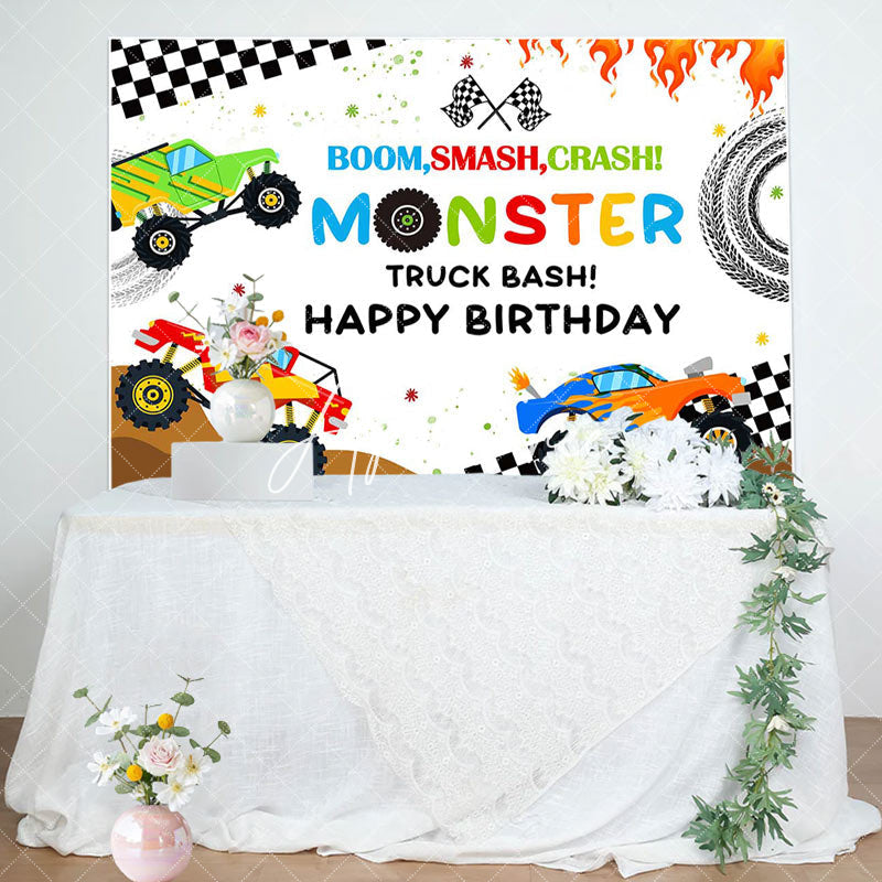 Aperturee - Monster Colorful Trucks Birthday Backdrop For Boys