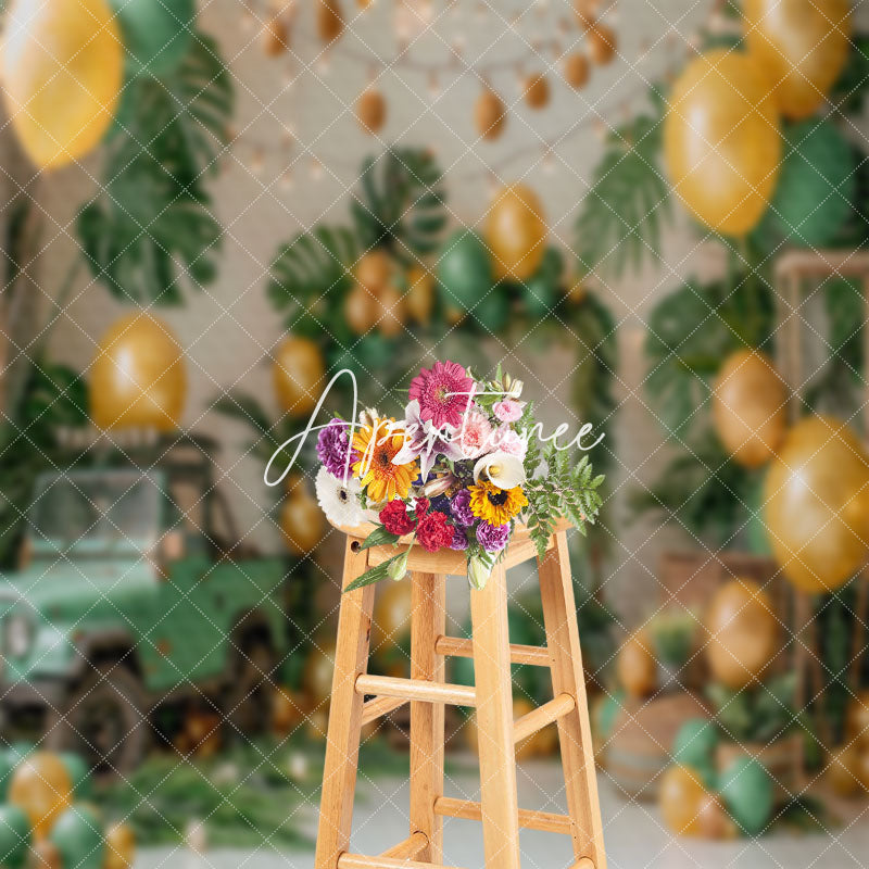 Aperturee - Monstera Car Balloons Summer Cake Smash Backdrop