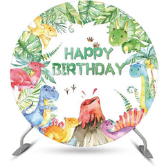 Aperturee - Monstera Colorful Dinosaurs Round Birthday Backdrop