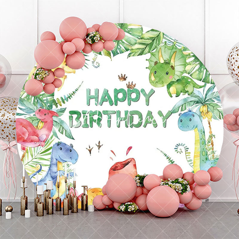 Aperturee - Monstera Colorful Dinosaurs Round Birthday Backdrop